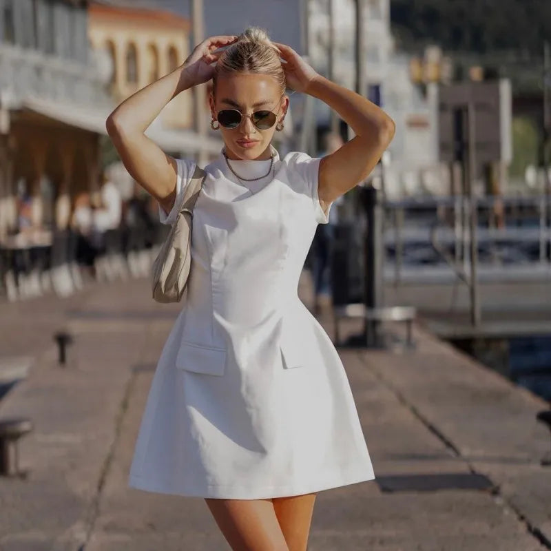 Fashion Sexy V Neck A-LINE Dress Women Summer Short Sleeve Black Slim Mini Dresses Casual Clubwear Elegant Lady Party Dress