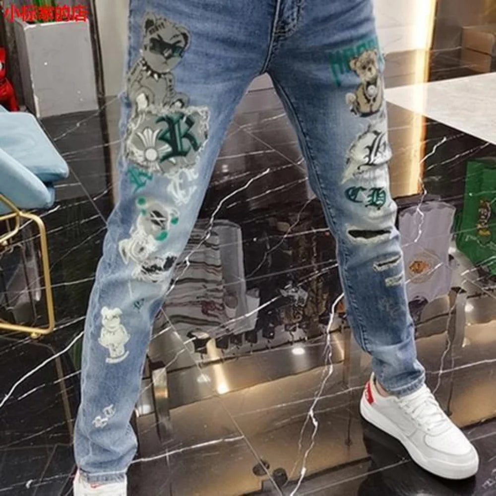 Harajuku Men's Luxury Clothing: European Streetwear Style Denim Pants with Bear Print Kpop Designer Korean Boyfriend Jeans