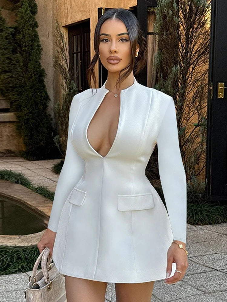 NIDANSSI White Deep V Pockets Evening Party Dress Women 2024 Robes Elegant Sexy Dress Bodycon Zipper Mini Autumn Dress Vestidos