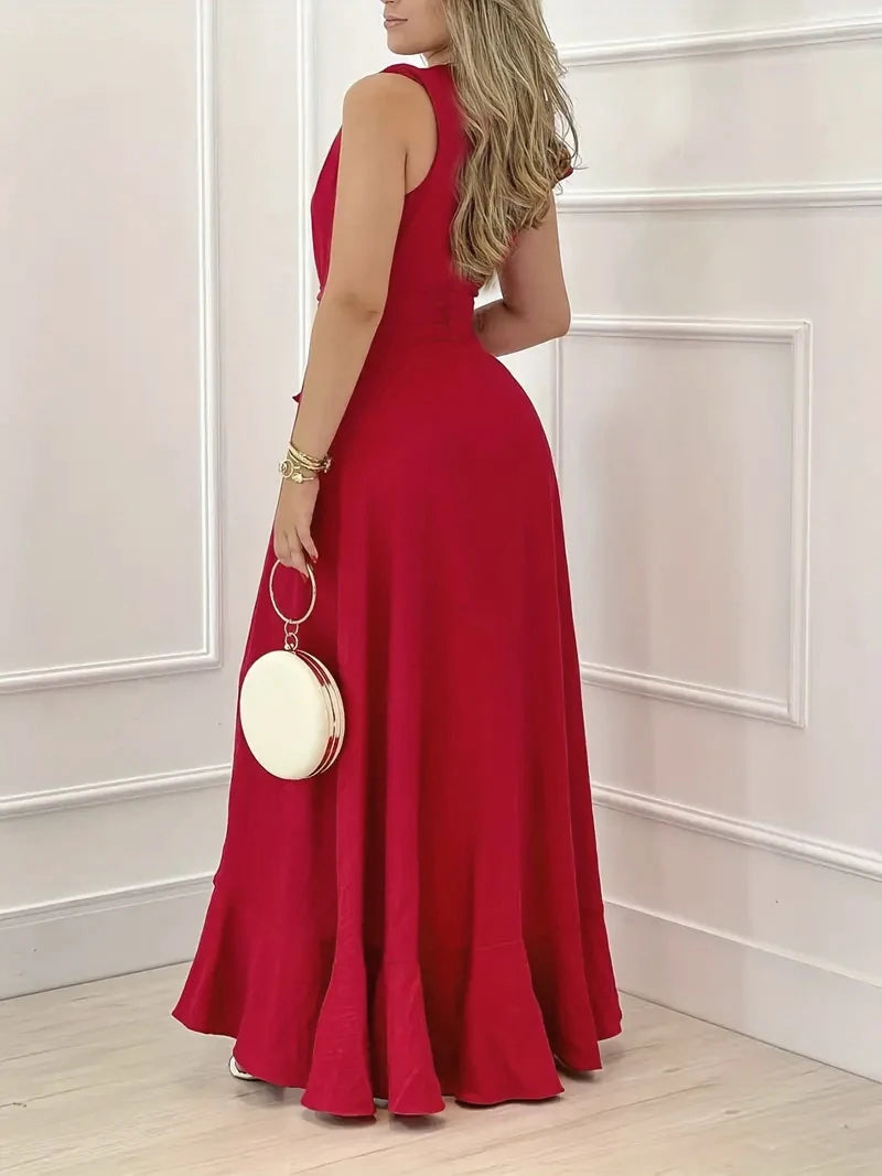 Women Chiffon V Neck Formal Evening Gowns Red Sexy Spaghetti Bodycon Loose Leisure Robes Club Party Celebrate Birthday Dresses