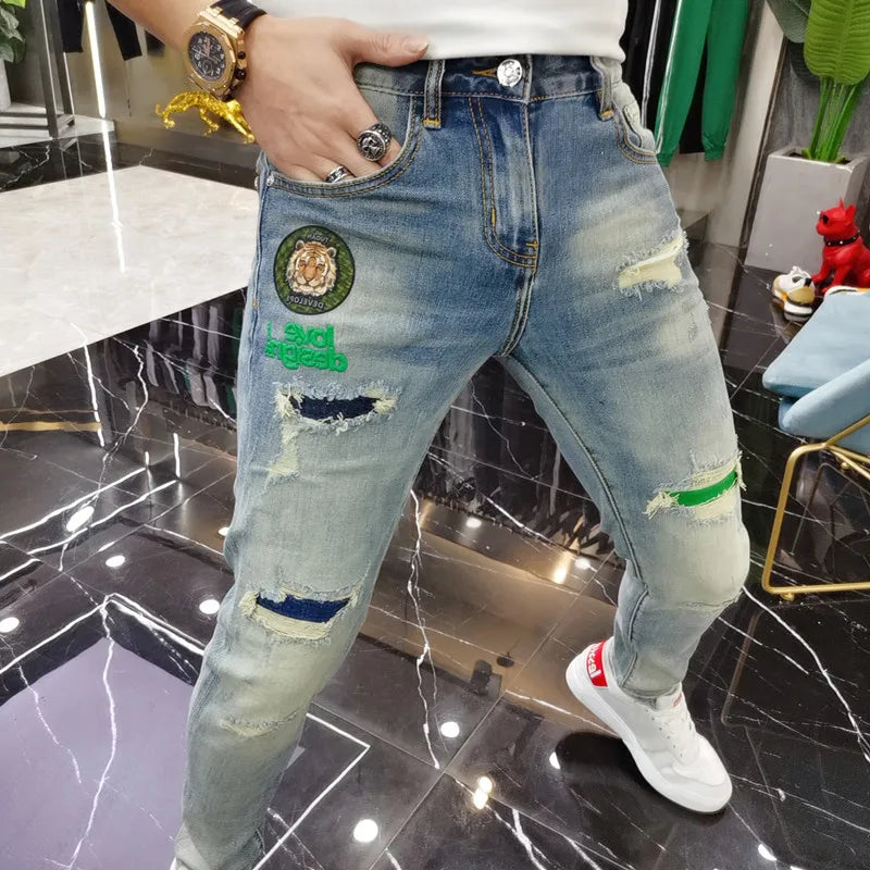 New Mens Ripped Splice Jeans Embroidery Skinny Pants High Quality Slim Vintage Blue Hip Hop Jeans Streetwear Mans Denim Trousers