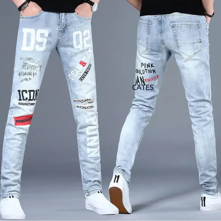 European Style Printed Embroidered Jeans Men's Trendy Elastic Slimming Fit Casual Loose Fit High Waist Ankle Length Trousers