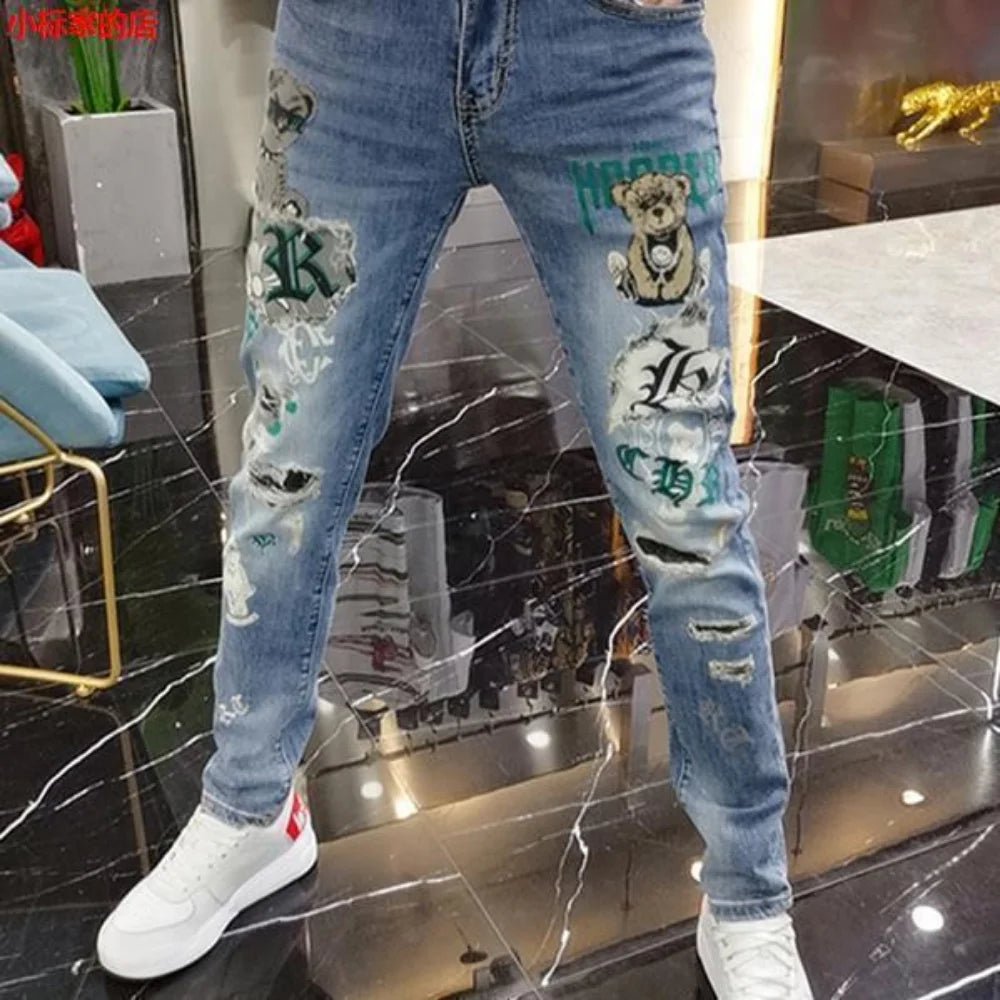 Harajuku Men's Luxury Clothing: European Streetwear Style Denim Pants with Bear Print Kpop Designer Korean Boyfriend Jeans