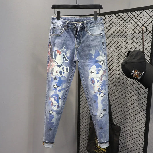 Harajuku 2023 Latest Hip-hop Style Korean Luxury Jeans for Men with Bear Print Design Slim Blue Washed Stretch Denim Pants Man