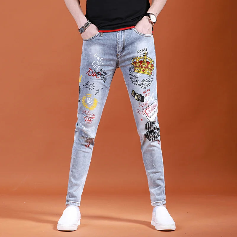 Spring Summer Men Elastic Jeans Heavy Embroidery Trendy Casual Slim Fit Small Leg Long Pants Loose Style Polyester Fabric