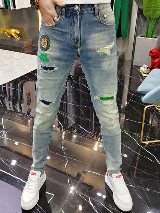 New Mens Ripped Splice Jeans Embroidery Skinny Pants High Quality Slim Vintage Blue Hip Hop Jeans Streetwear Mans Denim Trousers