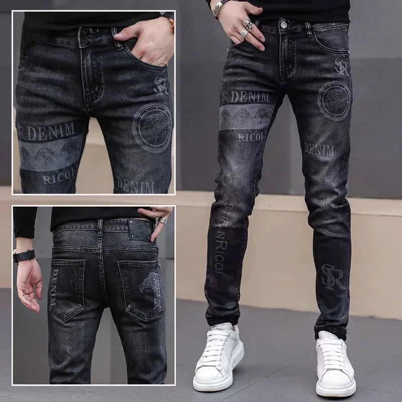 European Style Printed Embroidered Jeans Men's Trendy Elastic Slimming Fit Casual Loose Fit High Waist Ankle Length Trousers