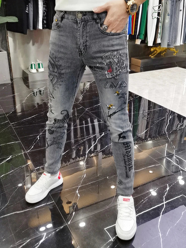 Designer Mens Spring Jeans Washing Printed Pants High Quality Slim Fit Vintage Blue Hip Hop Jeans Streetwear Mans Denim Trousers