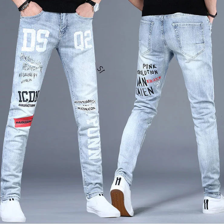 Spring Summer Men Elastic Jeans Heavy Embroidery Trendy Casual Slim Fit Small Leg Long Pants Loose Style Polyester Fabric