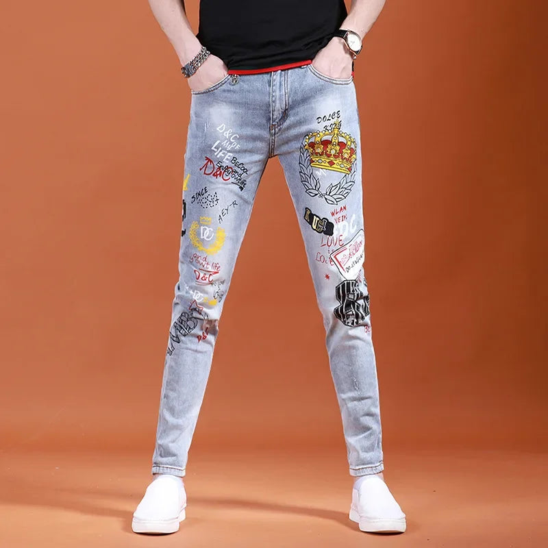 European Style Printed Embroidered Jeans Men's Trendy Elastic Slimming Fit Casual Loose Fit High Waist Ankle Length Trousers