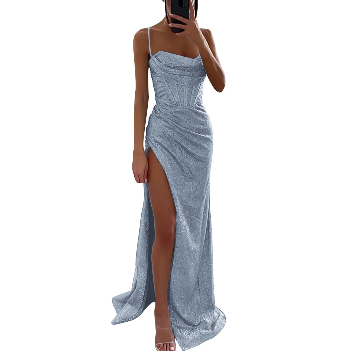 Women's Sleeveless Evening Party Dress Spaghetti Strap Corset Bodycon High Split Prom Dress Sexy Backless Cocktail Long Dress