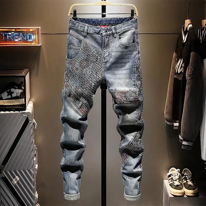 Men's clothing autumn and winter high quality stitching embroidery blue jeans fashion washed long pants y2k jeans