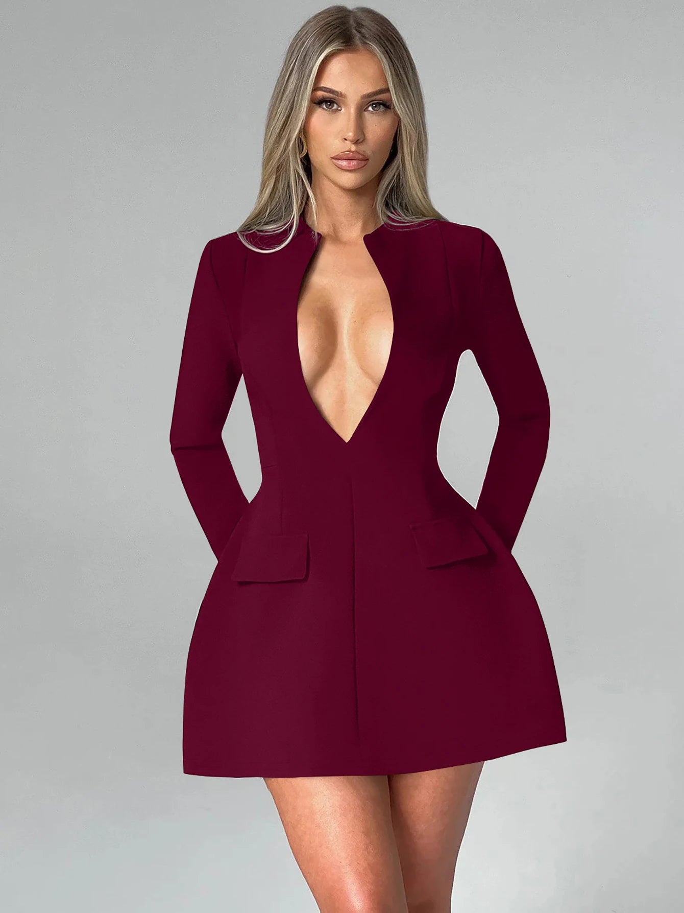 Hugcitar Solid V Neck Long Sleeve Shoulder Pads Elegant Zipper Sexy Slim Mini Prom Dress Winter Women Outfits Party Christmas