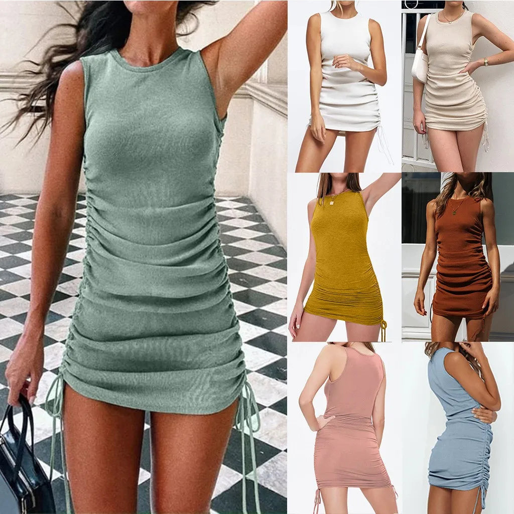 Dresses On Offer Liquidation Women'S Casual Solid Color Side Drawstring Sexy Hip Fit Sheath Vest Dress Elegant Show Thin Dress