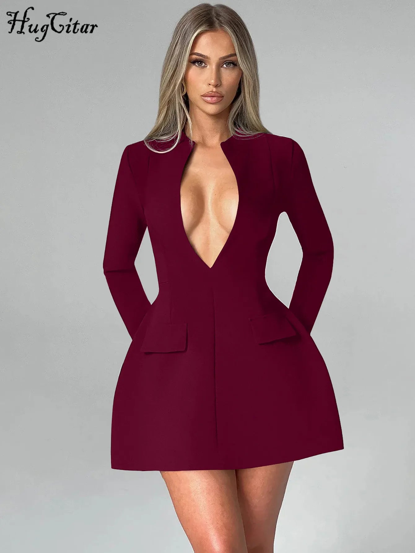 Hugcitar Solid V Neck Long Sleeve Shoulder Pads Elegant Zipper Sexy Slim Mini Prom Dress Winter Women Outfits Party Christmas