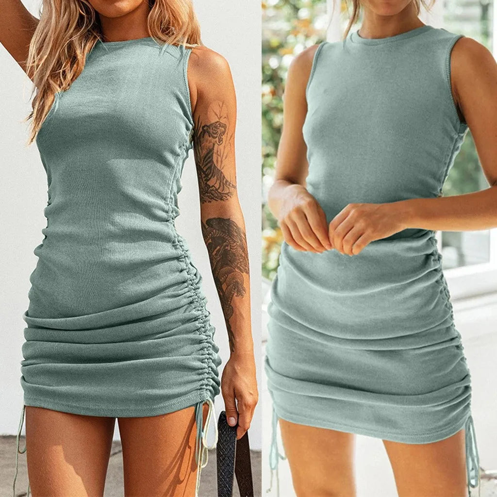 Dresses On Offer Liquidation Women'S Casual Solid Color Side Drawstring Sexy Hip Fit Sheath Vest Dress Elegant Show Thin Dress