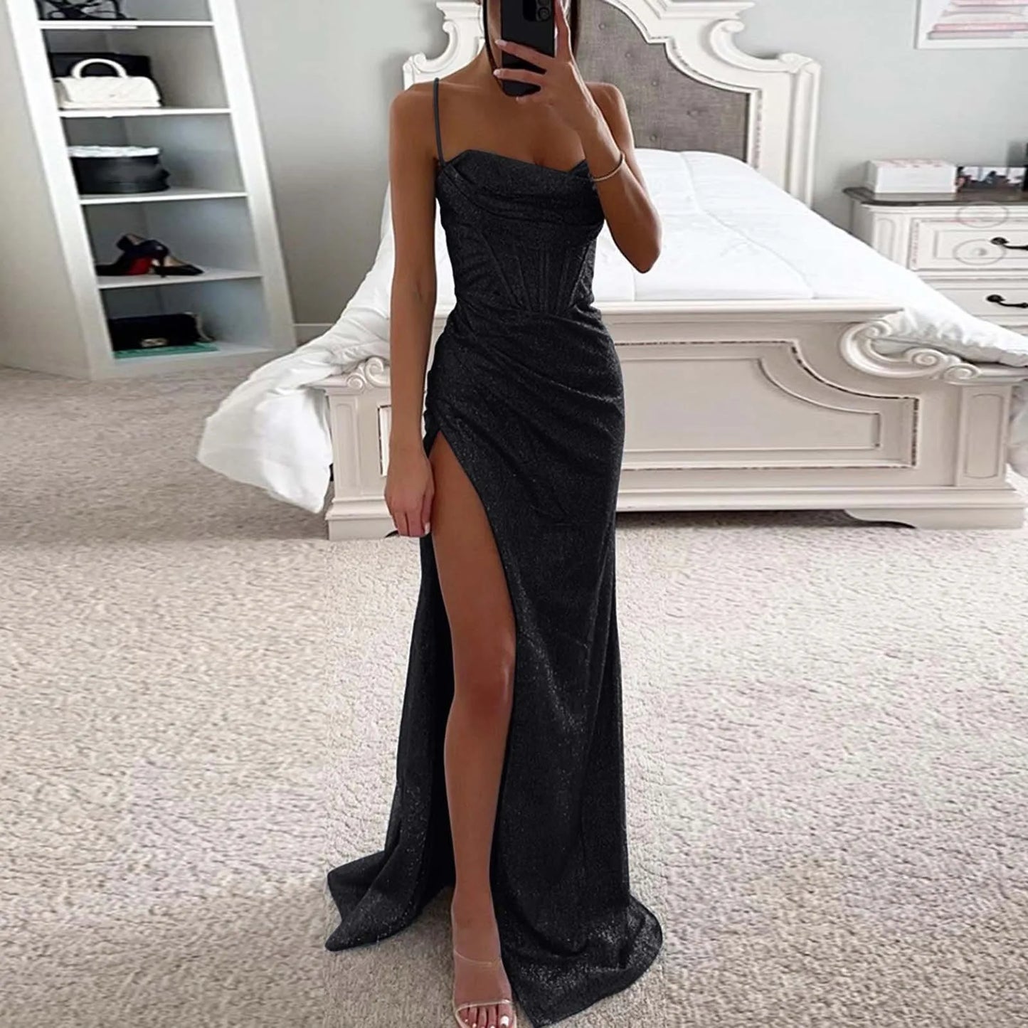 Women's Sleeveless Evening Party Dress Spaghetti Strap Corset Bodycon High Split Prom Dress Sexy Backless Cocktail Long Dress