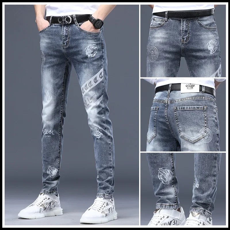 European Style Printed Embroidered Jeans Men's Trendy Elastic Slimming Fit Casual Loose Fit High Waist Ankle Length Trousers