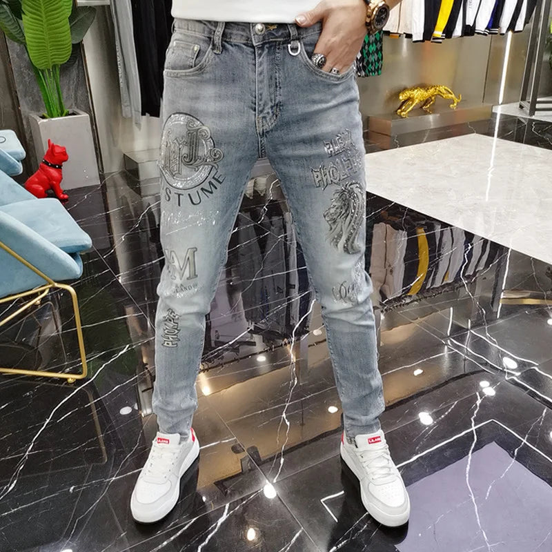 Spring Summer Men Elastic Jeans Heavy Embroidery Trendy Casual Slim Fit Small Leg Long Pants Loose Style Polyester Fabric