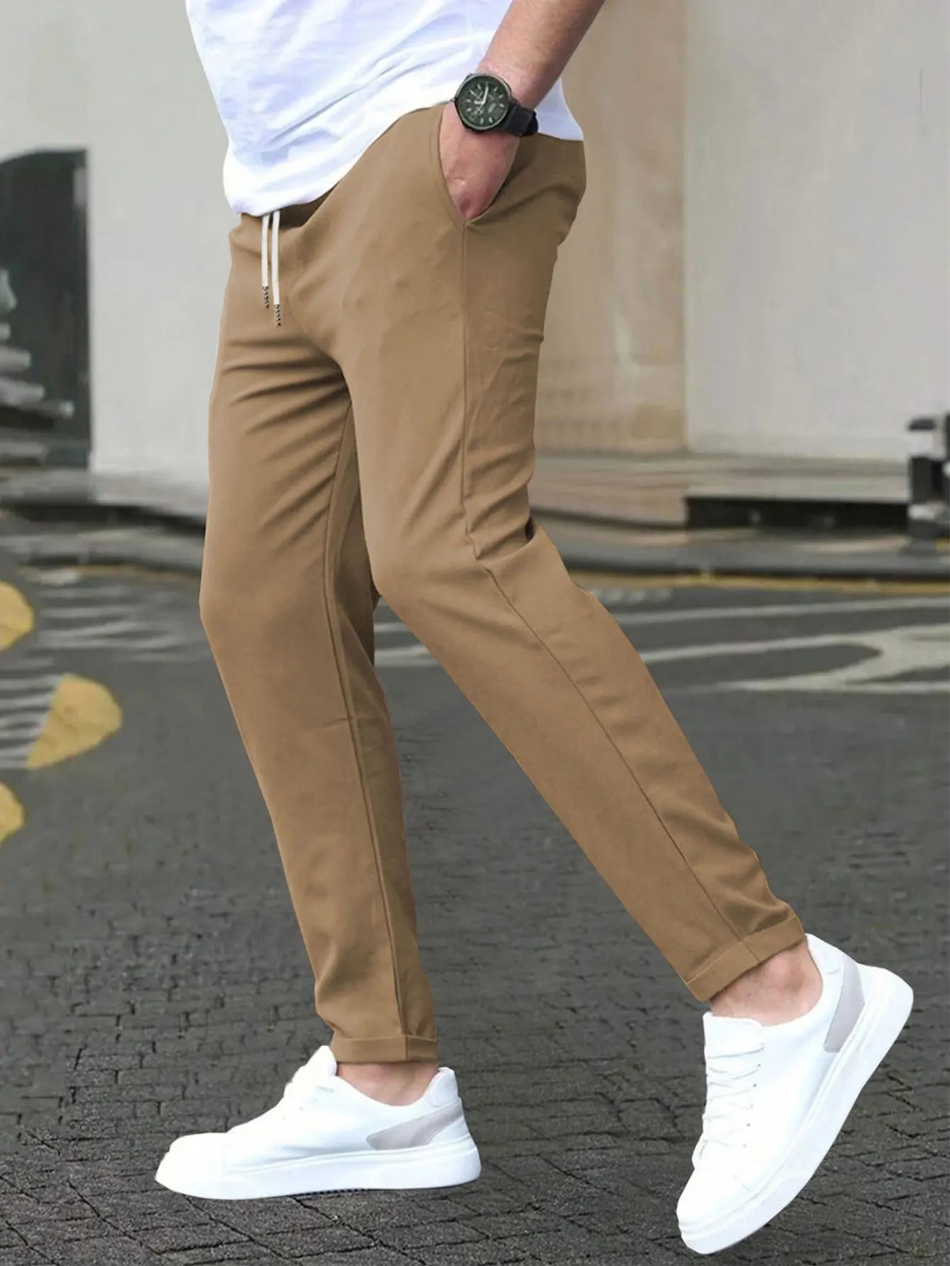 Men's Solid Color Drawstring Waist Trousers Regular Fit Casual Fashion Trousers Drawstring Trousers Pocket Trousers