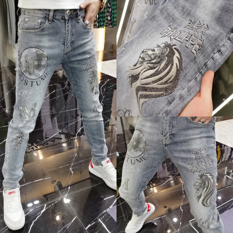 Spring Summer Men Elastic Jeans Heavy Embroidery Trendy Casual Slim Fit Small Leg Long Pants Loose Style Polyester Fabric