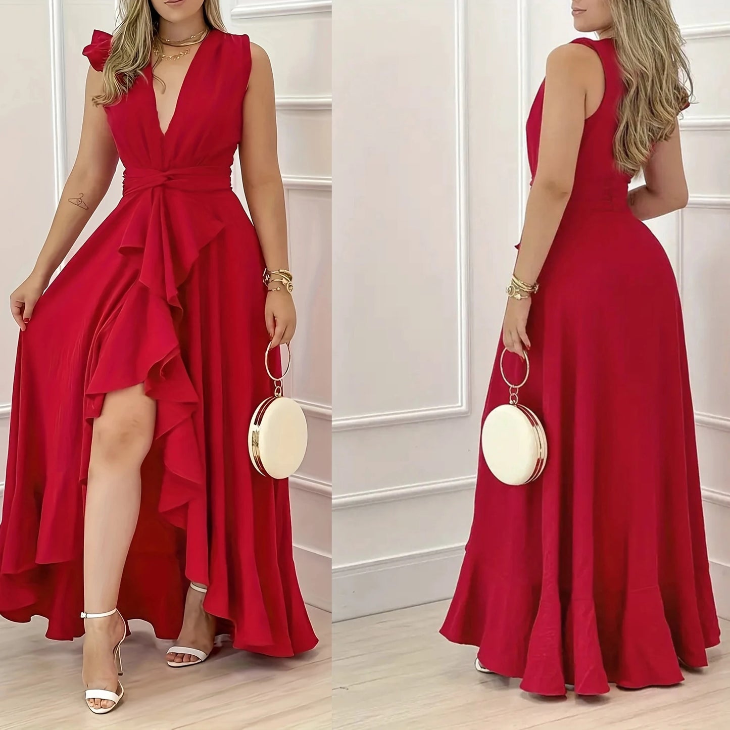 Women Chiffon V Neck Formal Evening Gowns Red Sexy Spaghetti Bodycon Loose Leisure Robes Club Party Celebrate Birthday Dresses