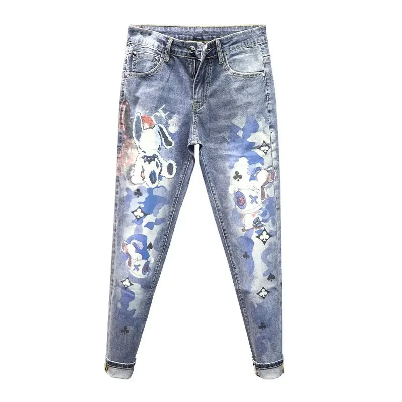 Harajuku 2023 Latest Hip-hop Style Korean Luxury Jeans for Men with Bear Print Design Slim Blue Washed Stretch Denim Pants Man