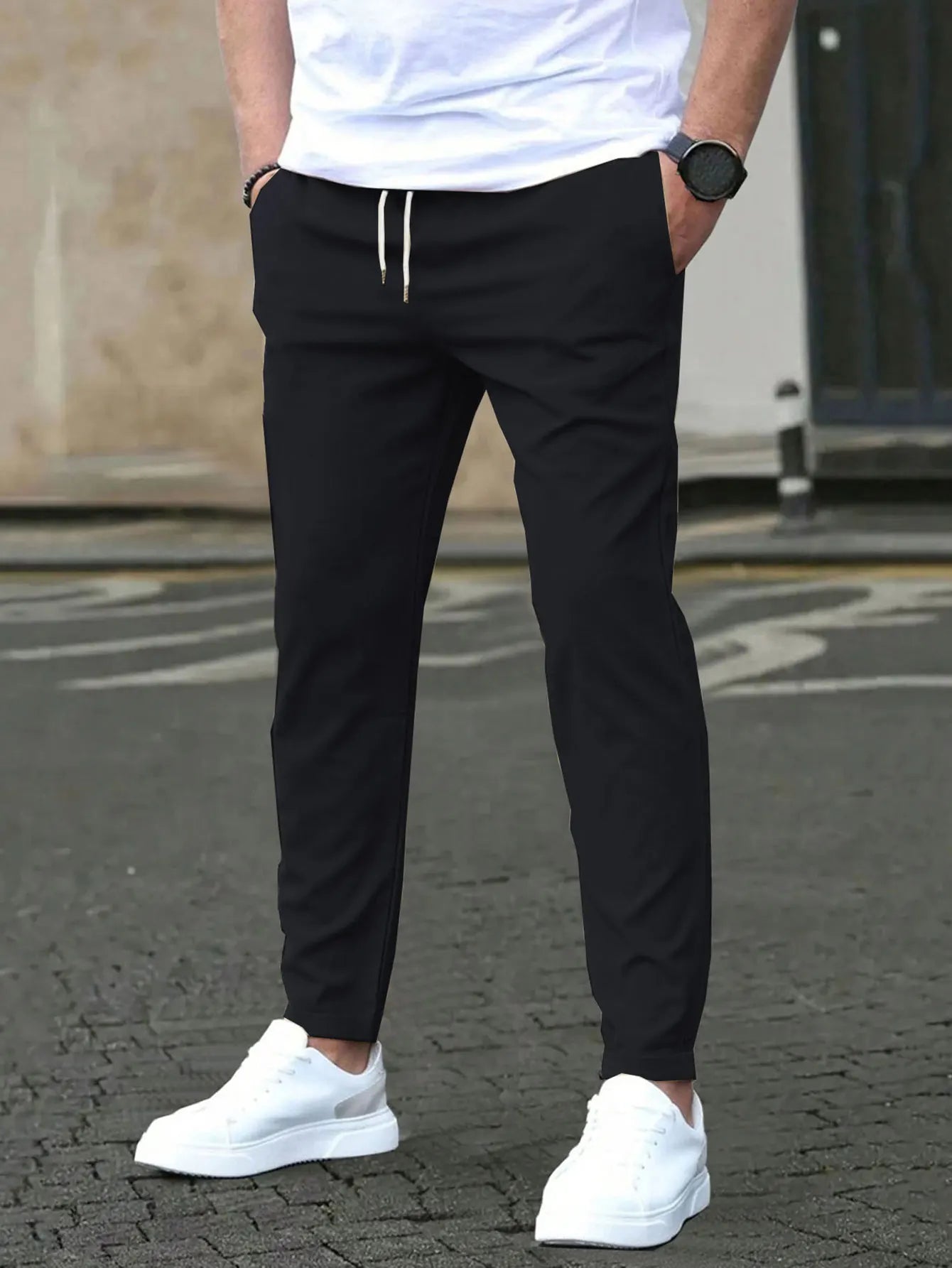 Men's Solid Color Drawstring Waist Trousers Regular Fit Casual Fashion Trousers Drawstring Trousers Pocket Trousers