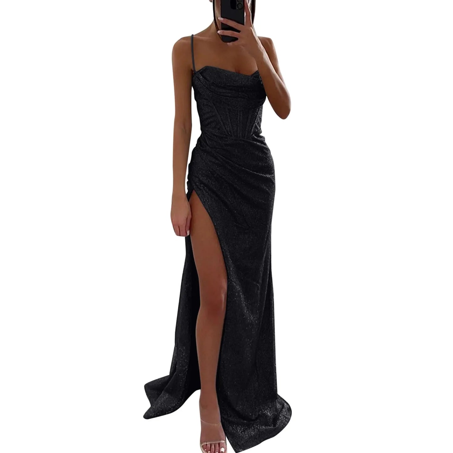 Women's Sleeveless Evening Party Dress Spaghetti Strap Corset Bodycon High Split Prom Dress Sexy Backless Cocktail Long Dress