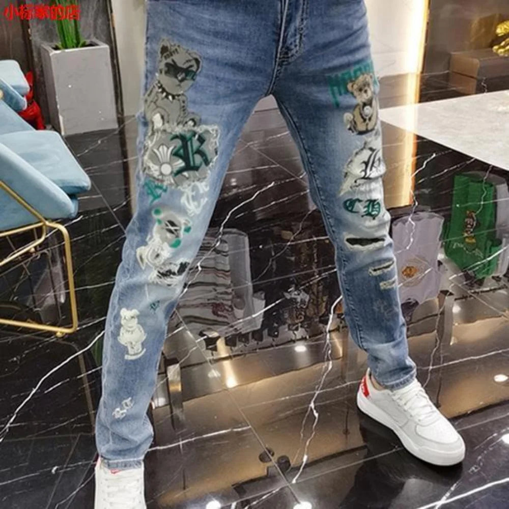 Harajuku Men's Luxury Clothing: European Streetwear Style Denim Pants with Bear Print Kpop Designer Korean Boyfriend Jeans