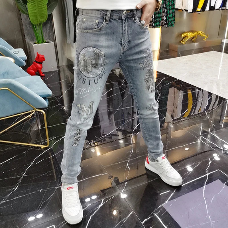 Spring Summer Men Elastic Jeans Heavy Embroidery Trendy Casual Slim Fit Small Leg Long Pants Loose Style Polyester Fabric