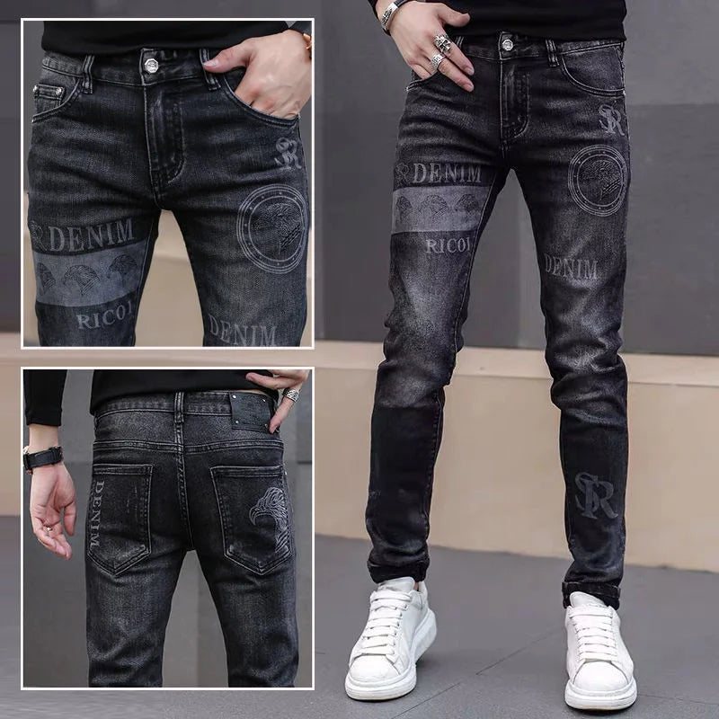 Spring Summer Men Elastic Jeans Heavy Embroidery Trendy Casual Slim Fit Small Leg Long Pants Loose Style Polyester Fabric