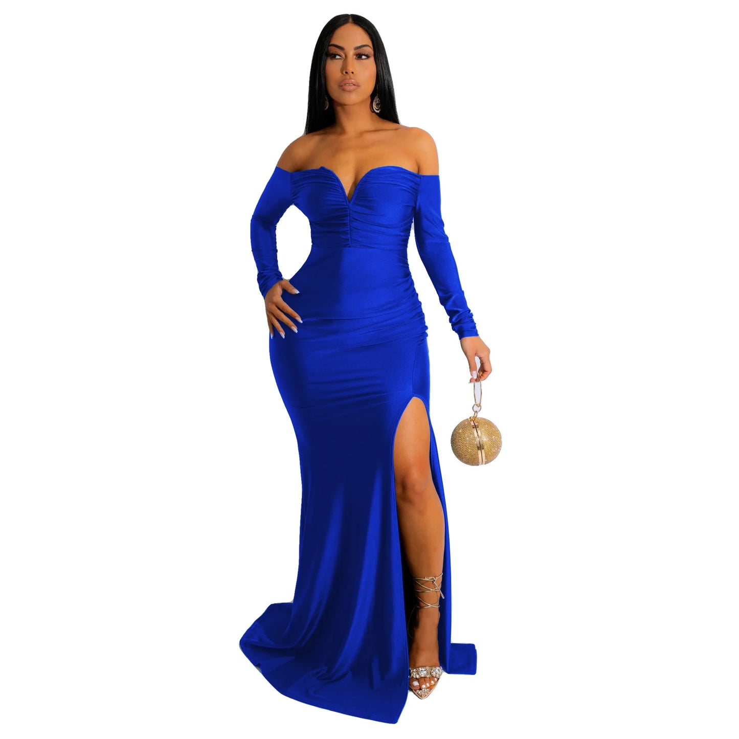 Sexy V Neck Off Shoulder Bodycon Evening Party Dress Women Long Sleeveless Slim Slit Floor Dress Female Solid Prom Gown Vestidos