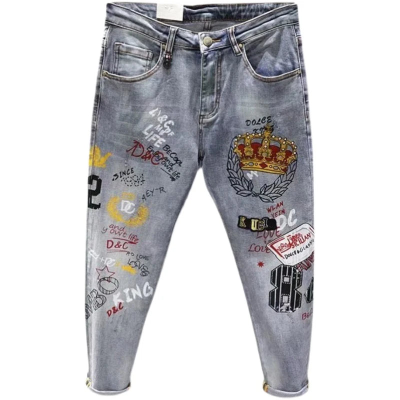 2024 New Graffiti Jeans Man Pants Spring Summer Crown Printe Jeans Streetwear Biker Skinny Zips Blue  Cacual Long Denim Trousers