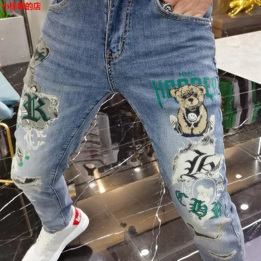 Harajuku Men's Luxury Clothing: European Streetwear Style Denim Pants with Bear Print Kpop Designer Korean Boyfriend Jeans