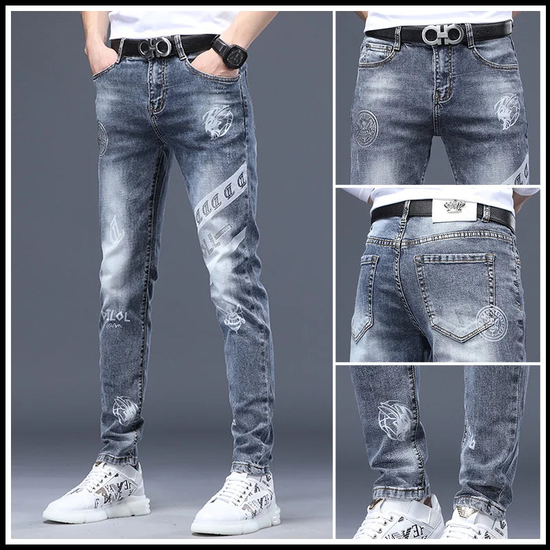 Spring Summer Men Elastic Jeans Heavy Embroidery Trendy Casual Slim Fit Small Leg Long Pants Loose Style Polyester Fabric