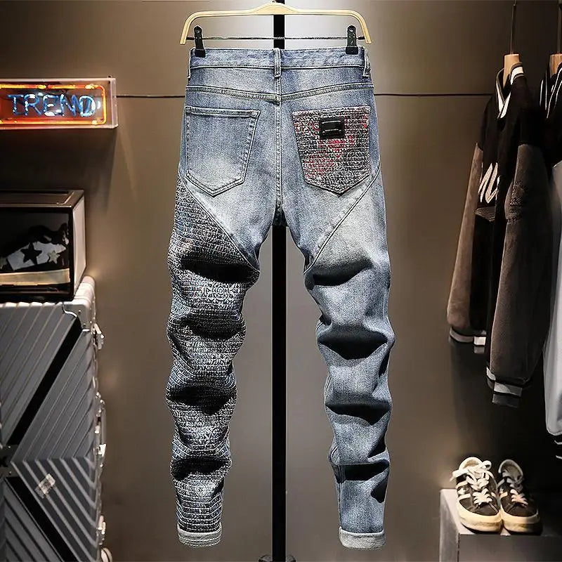 Men's clothing autumn and winter high quality stitching embroidery blue jeans fashion washed long pants y2k jeans