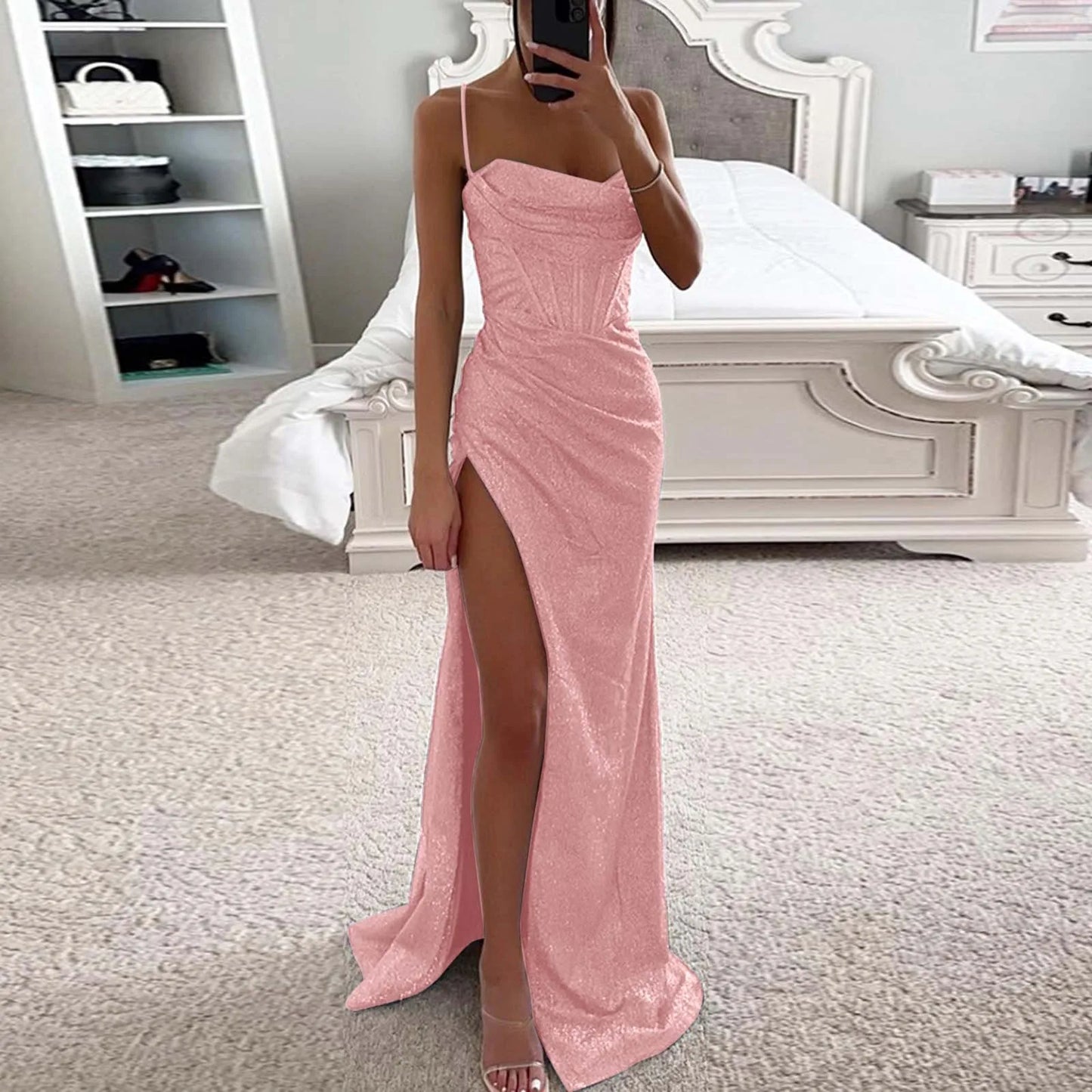 Women's Sleeveless Evening Party Dress Spaghetti Strap Corset Bodycon High Split Prom Dress Sexy Backless Cocktail Long Dress