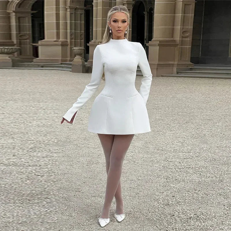 Elegant Deep V-neck Long Sleeved Short Dress Women White High Waist A-line Female Dresses 2024 Autumn Lady Party Evening Robes