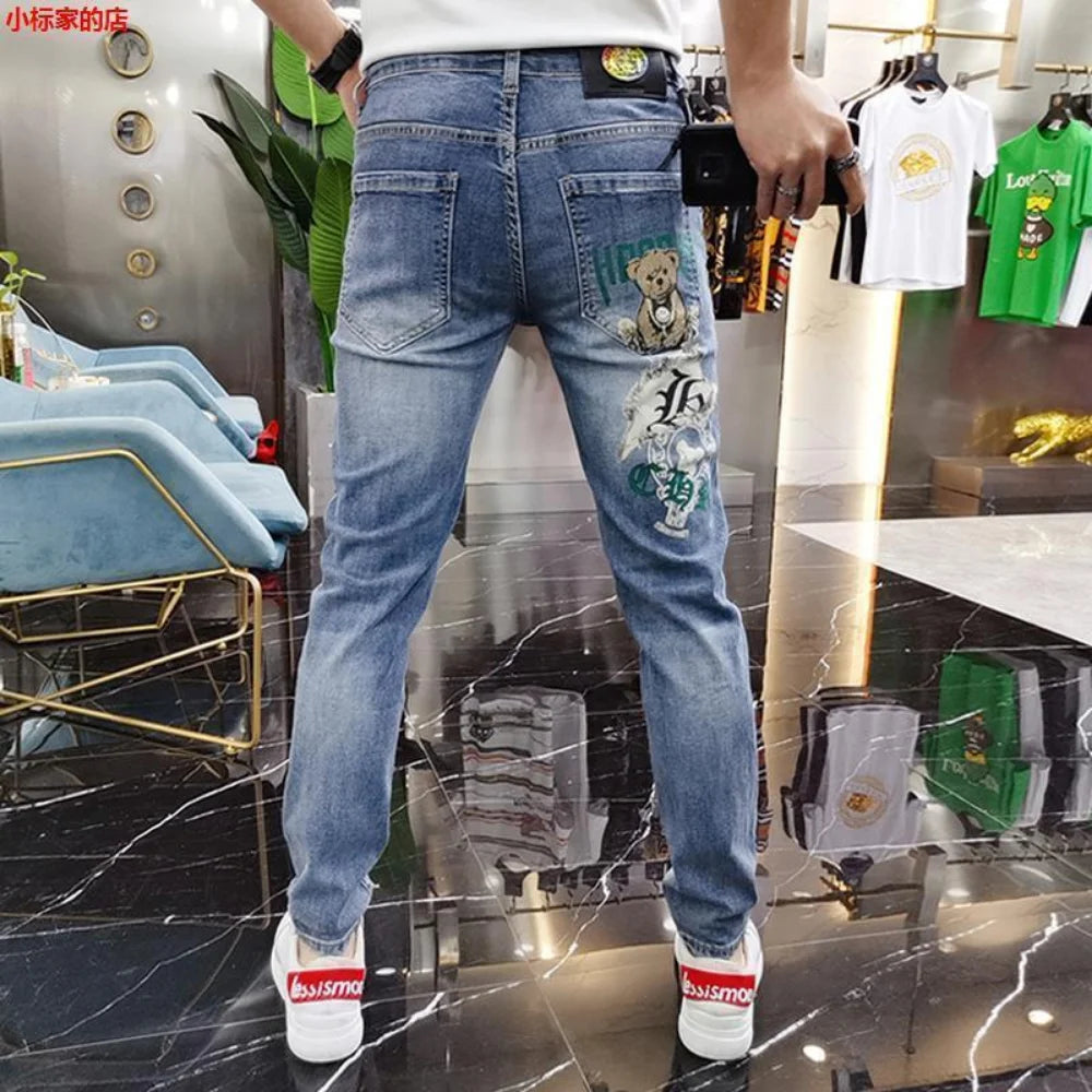 Harajuku Men's Luxury Clothing: European Streetwear Style Denim Pants with Bear Print Kpop Designer Korean Boyfriend Jeans