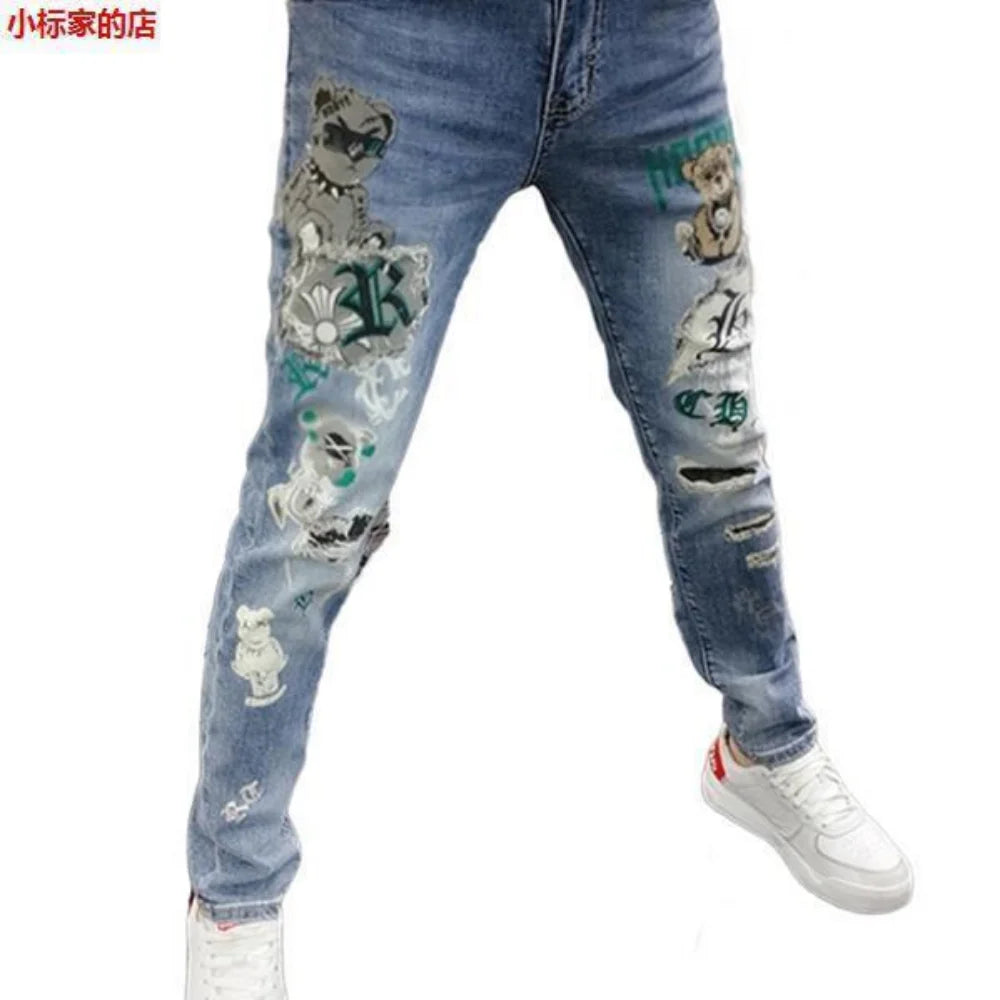 Harajuku Men's Luxury Clothing: European Streetwear Style Denim Pants with Bear Print Kpop Designer Korean Boyfriend Jeans